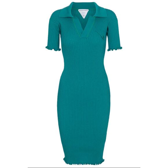 Bottega Veneta Duck Green Ribbed Wool Midi Dress S In Turquoise - Picture 1 of 6